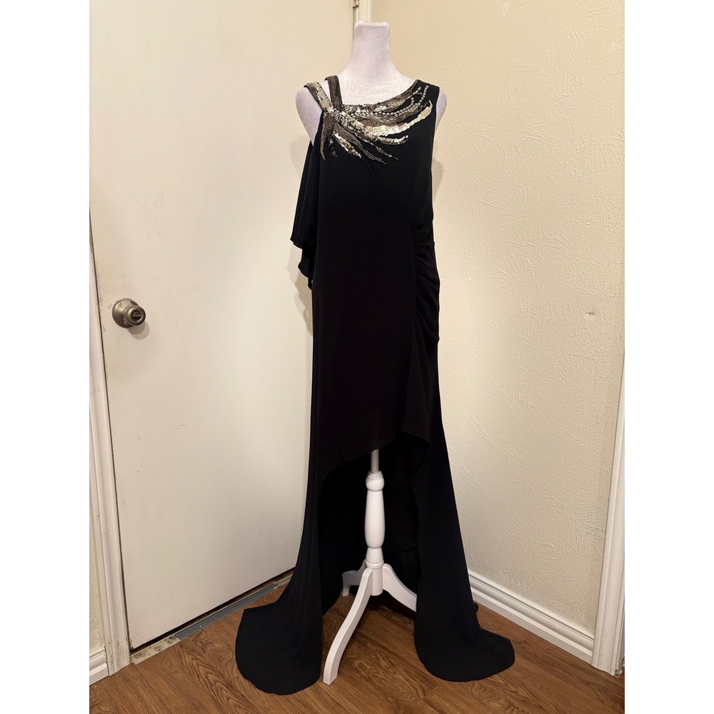 BCBGMAXAZRIA Runway Black One Shoulder Beaded High Low Gown Dress XS